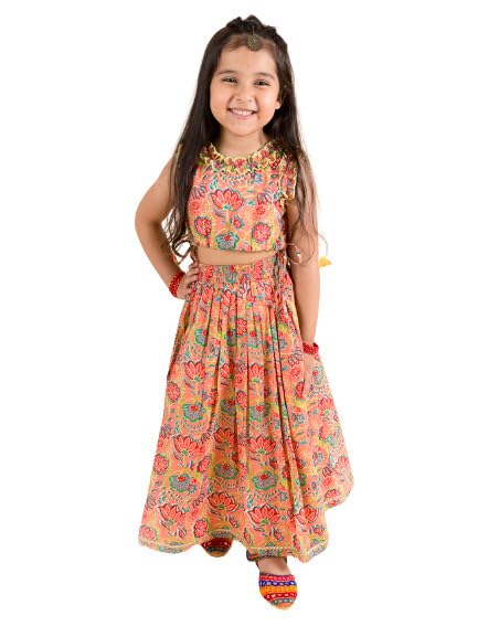 Pspeaches Girl's Coral Blue Printed Pure Cotton Ready To Readymade Lehenga And Choli Set, (Orange-3-4Y) - Image 4