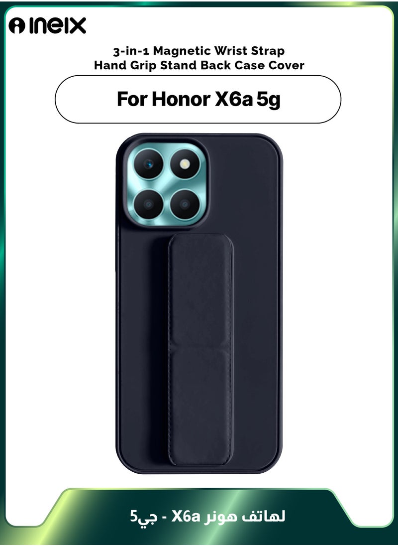 INEIX - 3-in-1 Magnetic Wrist Strap Hand Grip Stand Back Case Cover for Honor X6a-Navy Blue - Image 1