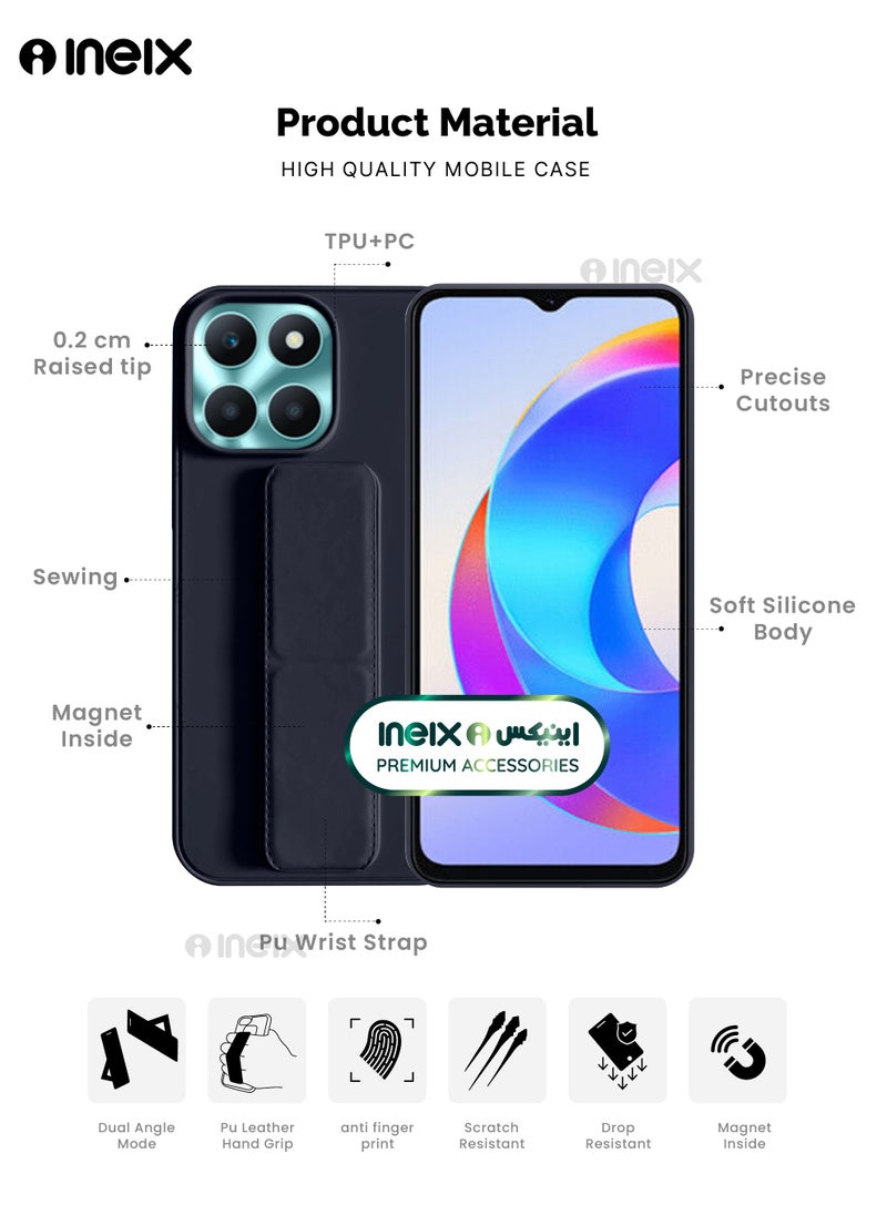 INEIX - 3-in-1 Magnetic Wrist Strap Hand Grip Stand Back Case Cover for Honor X6a-Navy Blue - Image 1