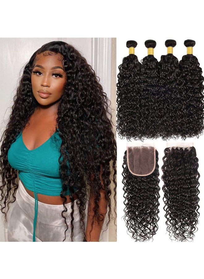 Borchan Brazilian Water Wave Bundles with 4x4 Lace Closure 100 Unprocessed Human Hair 22 24 26 2820 Free Part Wet and Wavy Bundles with Closure Hair Extensions Natural Color - Image 2