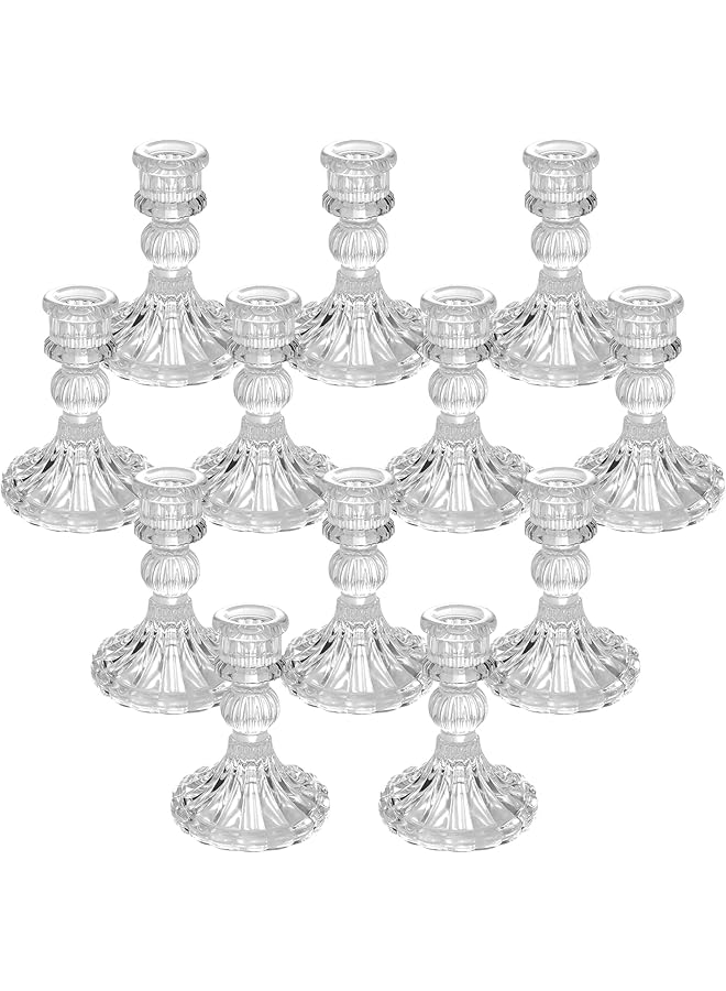 إيروريكس حاملات شموع زجاجية مكونة من 12 قطعة، حاملات شموع مدببة مقاس 4 بوصات، حاملات شموع زجاجية شفافة مخططة لحفلات الزفاف والمهرجانات والذكرى السنوية - Image 1