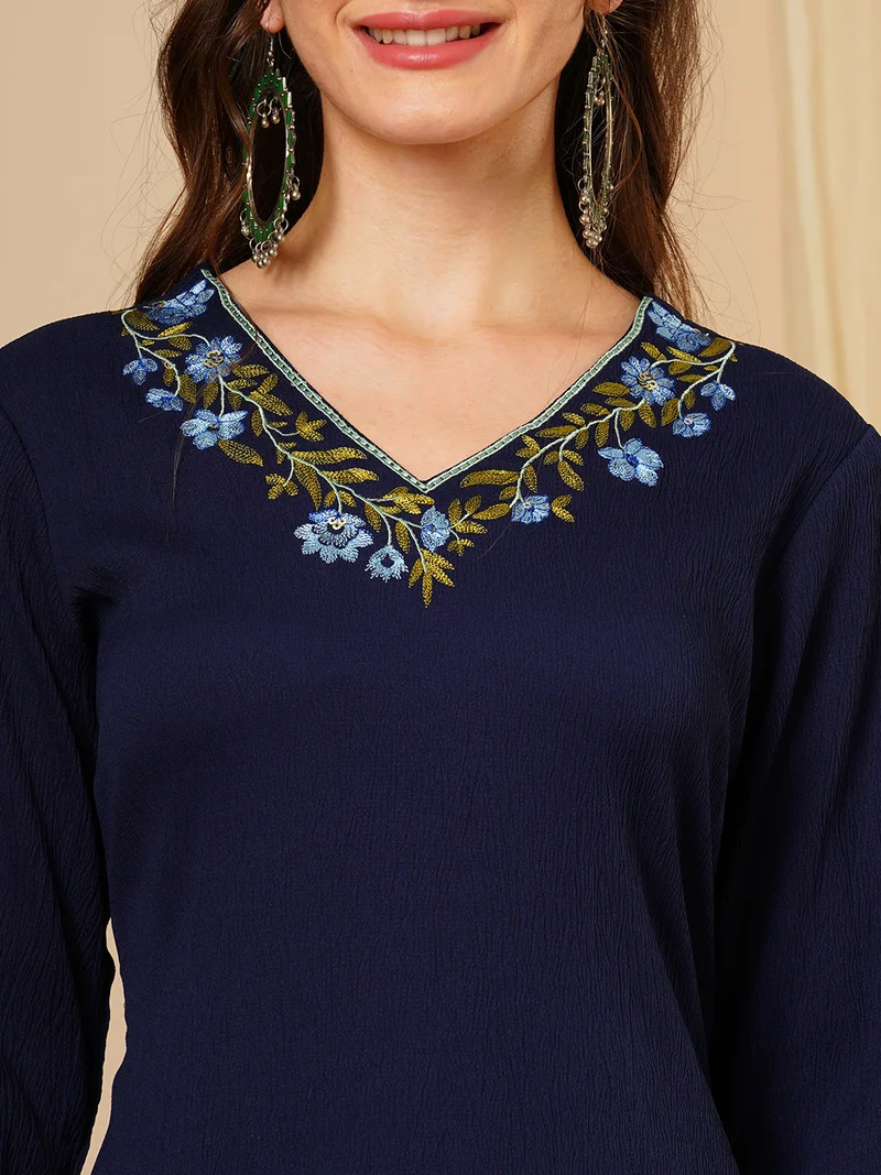 globus Women Blue Floral Embroidered Georgette A-Line Kurta