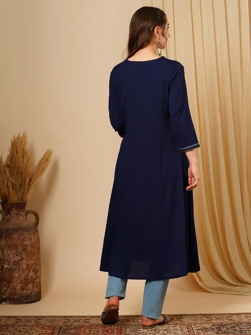 globus Women Blue Floral Embroidered Georgette A-Line Kurta