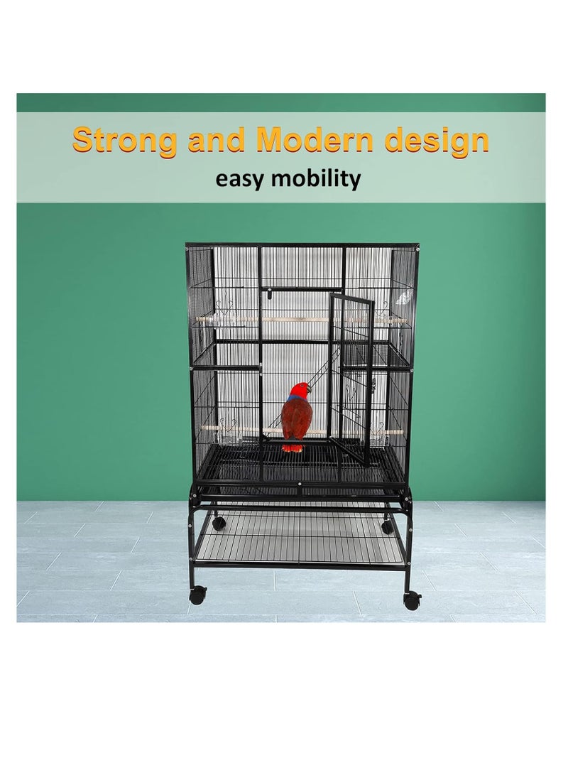 أن ان سي بيتس قفص طيور للطيور الصغيرة والمتوسطة، قفص طيور واسع مع مجاثم خشبية، سلم للتسلق، أكواب تغذية، صينية قابلة للإزالة، قاعدة قابلة للفصل ورف سفلي 136 سم (أسود) - Image 3