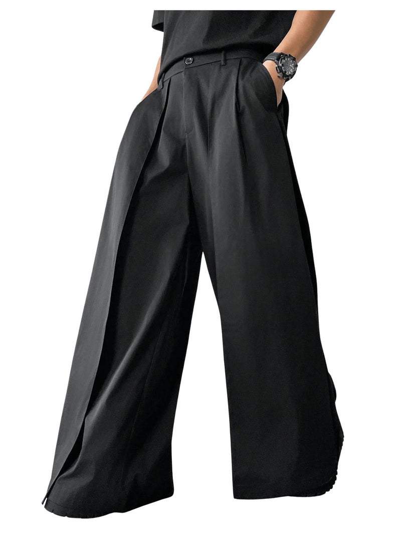 OYOANGLE Men's Baggy Wide Leg Pants Zipper Fly Pleated Trousers Business Casual Dress Pants with Pocket Black X-Large - Image 1