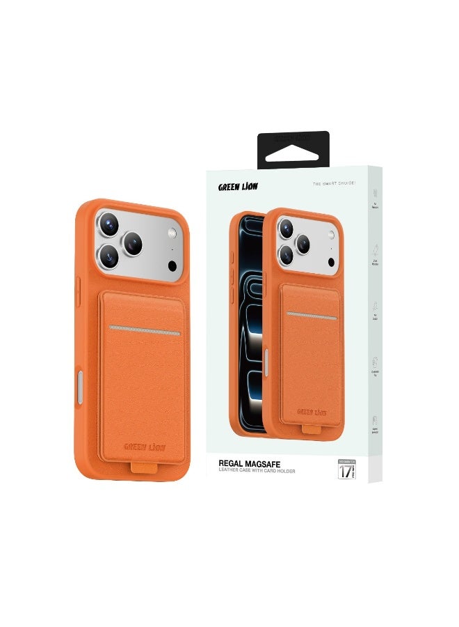 جرين ليون جراب جلدي Regal Magsafe لجهاز iPhone 17 Pro مع حامل بطاقات / مضاد للخدش / قبضة مريحة / حماية للكاميرا / حماية فائقة المتانة - برتقالي - Image 5
