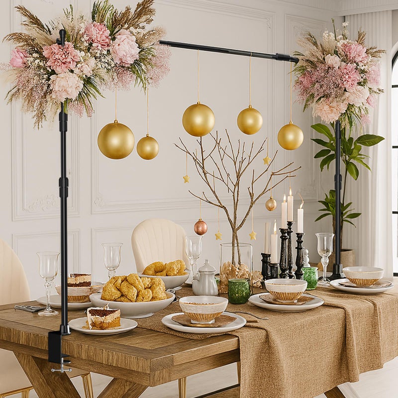 EMART Telescopic Over The Table Top Rod Stand with Clamps 70'' Tall 94" Length Adjustable Overhead Decor Arch Bar, Tabletop Decoration Pole for Hanging Balloon Flower Garland Display Banner Backdroop - Image 1