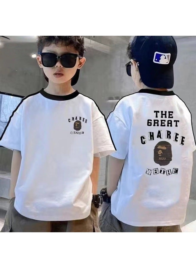 Children's Trendy Brand Short-sleeved Reminder Boys Summer Cotton Half-sleeved Top Fashionable Handsome Printed Base Shirt