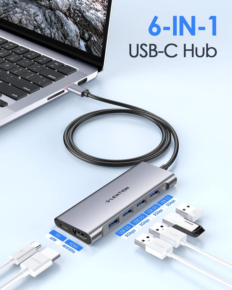 LENTION 3.3FT Long Cable USB C Multiport Hub with 4K HDMI, 4 USB 3.0, Type C Charging Compatible 2025-2016 MacBook Pro, New Mac Air/iMac/Mac mini, More, Stable Driver Adapter (C35-1M, Space Gray) - Image 2