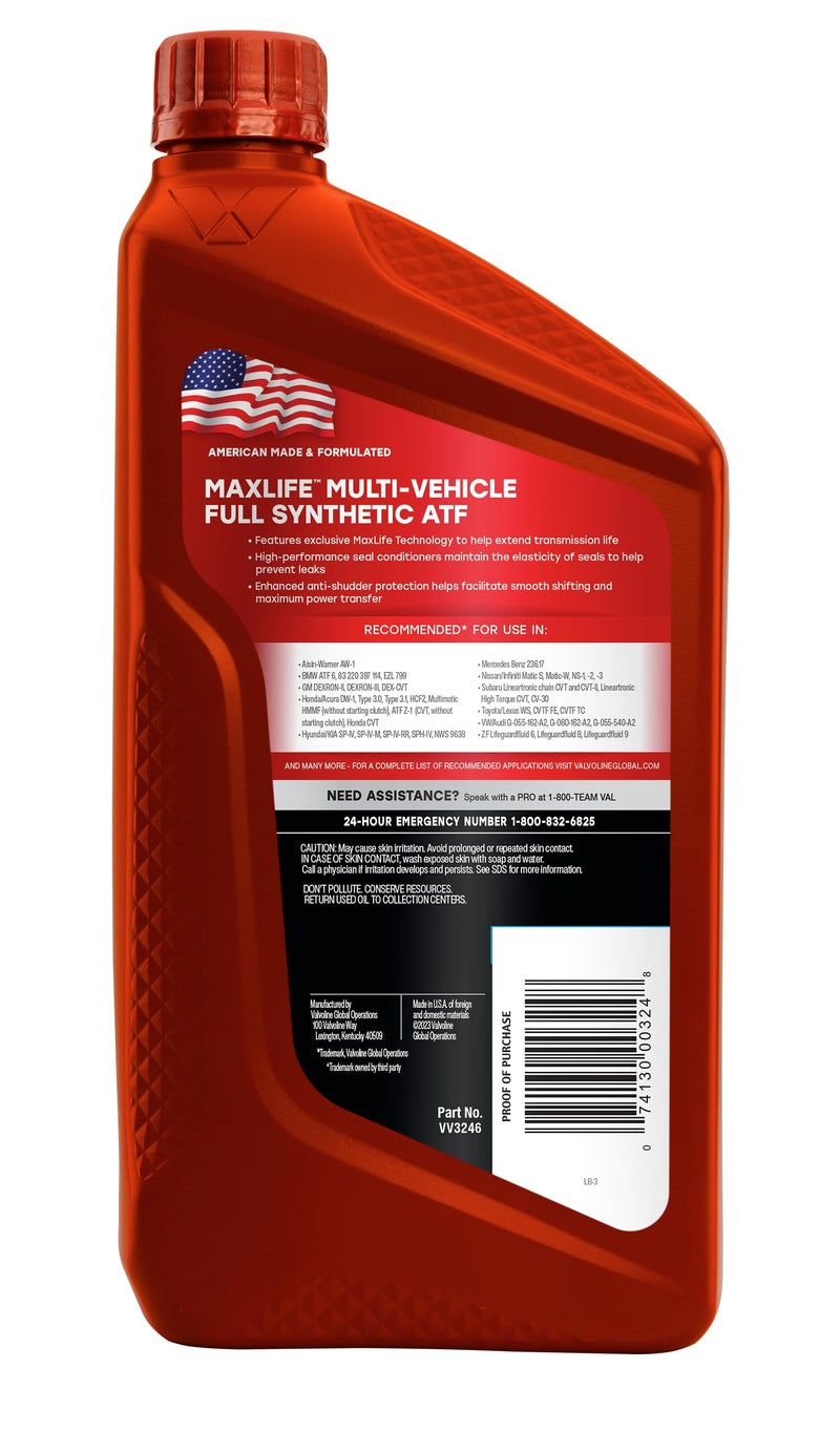Valvoline Multi-Vehicle (ATF) Full Synthetic Automatic Transmission Fluid 1 QT, Case of 6 - Image 3