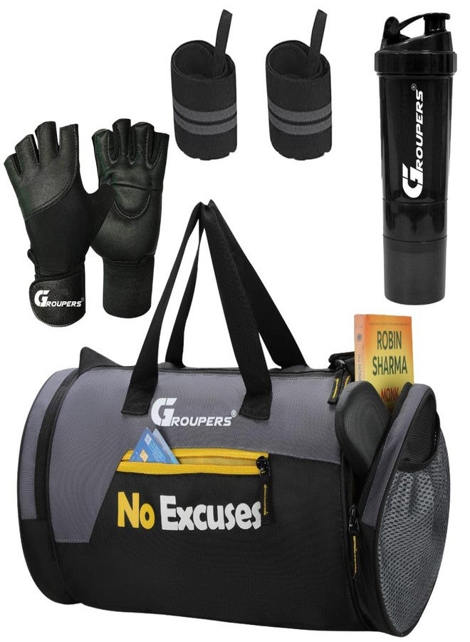 Groupers 20-25L Black Gym & Travel Duffle Bag (43×25×23 cm) for Men & Women + 21" Wrist Wraps, Workout Gloves & 500ml Shaker | Sports Overnight Bag & Fitness Combo Kit - Image 1