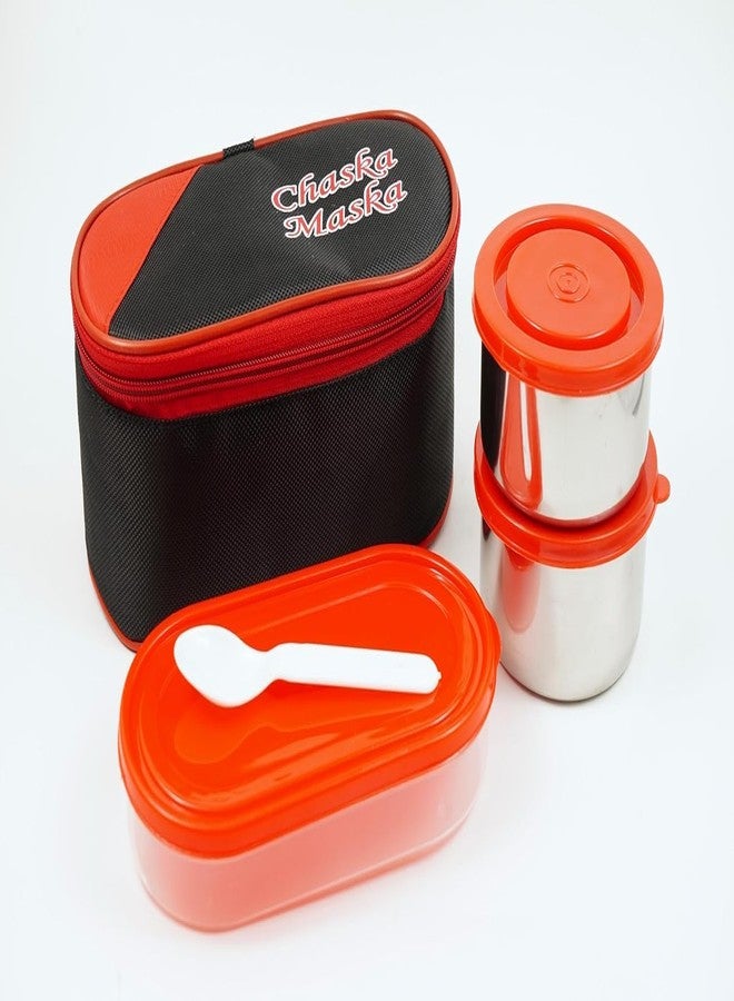 Zipsome Chaska Maska Lunch Box Set, Set of 2 Round Stainless Steel Containers, 400 ml Each, 1 Oval Container, 350 ml, Red | Steel Lunch Box for Office | Leak Proof | Lunch Box | Hot Food - Image 2