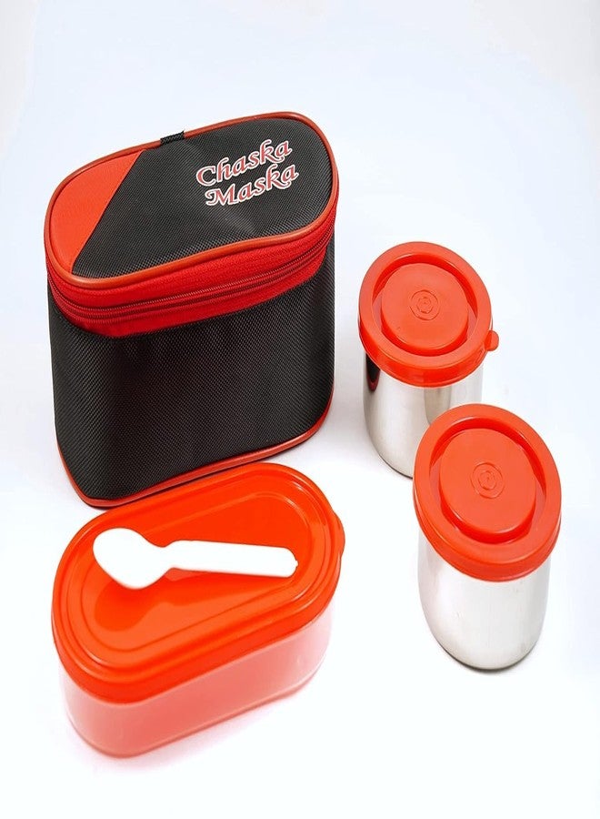 Zipsome Chaska Maska Lunch Box Set, Set of 2 Round Stainless Steel Containers, 400 ml Each, 1 Oval Container, 350 ml, Red | Steel Lunch Box for Office | Leak Proof | Lunch Box | Hot Food - Image 3