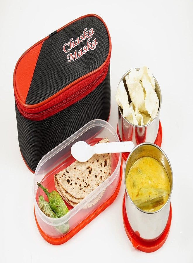 Zipsome Chaska Maska Lunch Box Set, Set of 2 Round Stainless Steel Containers, 400 ml Each, 1 Oval Container, 350 ml, Red | Steel Lunch Box for Office | Leak Proof | Lunch Box | Hot Food - Image 1