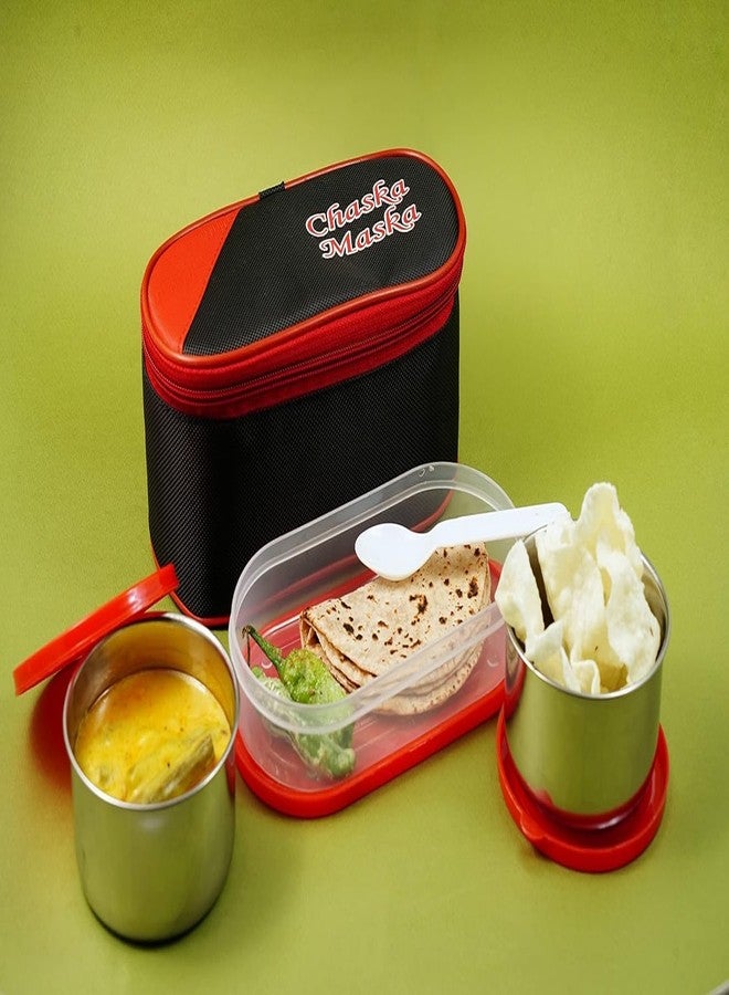 Zipsome Chaska Maska Lunch Box Set, Set of 2 Round Stainless Steel Containers, 400 ml Each, 1 Oval Container, 350 ml, Red | Steel Lunch Box for Office | Leak Proof | Lunch Box | Hot Food - Image 5