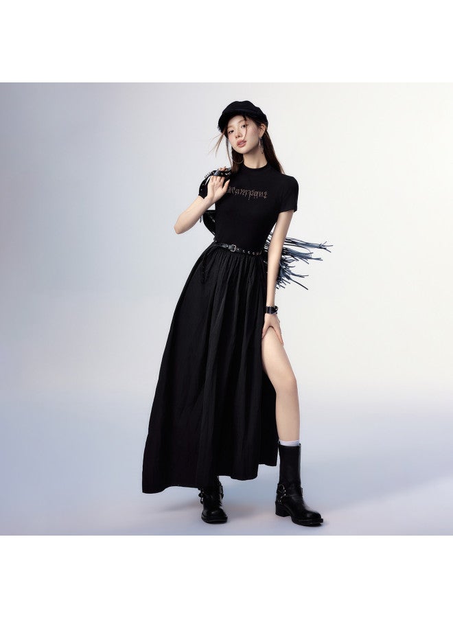 EPTISON Vintage Casual Summer Dress For Women With Mixed Fabric & Back Cut-out Design, Asymmetrical Maxi Skirt - Image 2