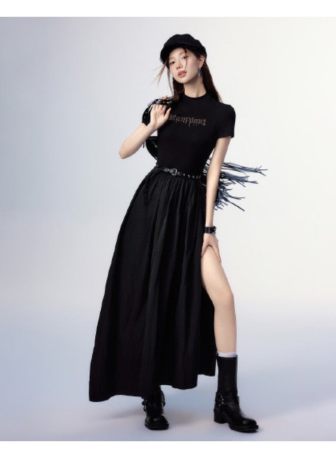 EPTISON Vintage Casual Summer Dress For Women With Mixed Fabric & Back Cut-out Design, Asymmetrical Maxi Skirt - Image 1