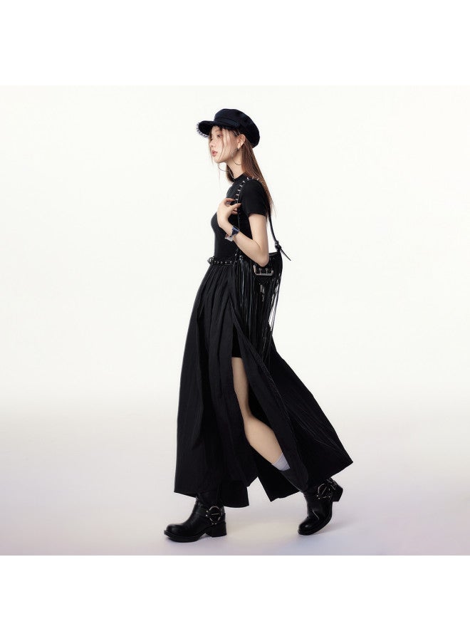 EPTISON Vintage Casual Summer Dress For Women With Mixed Fabric & Back Cut-out Design, Asymmetrical Maxi Skirt - Image 4