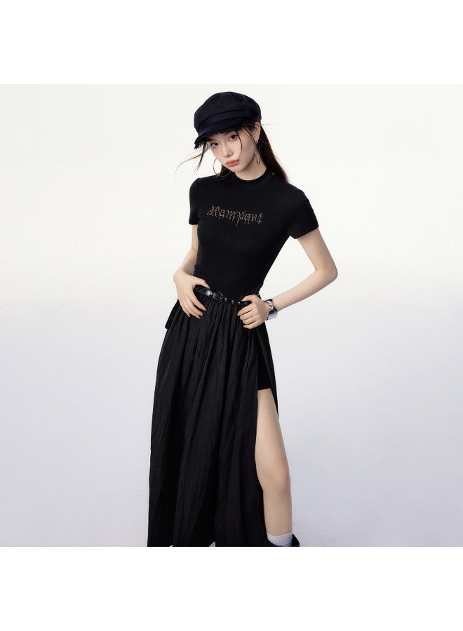 EPTISON Vintage Casual Summer Dress For Women With Mixed Fabric & Back Cut-out Design, Asymmetrical Maxi Skirt - Image 3