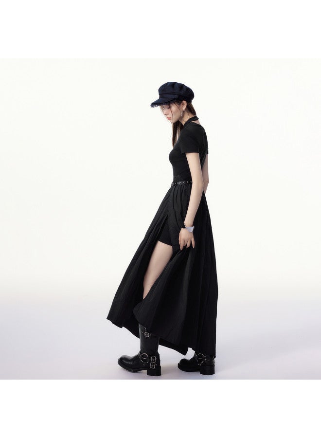 EPTISON Vintage Casual Summer Dress For Women With Mixed Fabric & Back Cut-out Design, Asymmetrical Maxi Skirt - Image 5