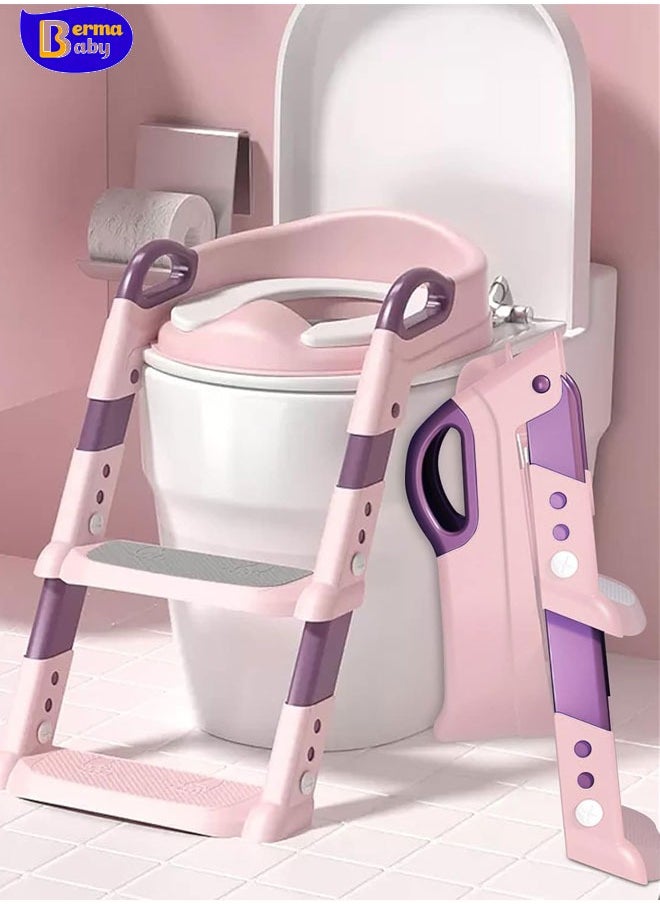 Berma Baby Potty Training Seat with Step Stool Ladder, Kids Toilet Training Seat with Step Stool Potty Training Toilet for Kids Boys Girls,Comfortable Safe Potty Seat with Anti-Slip Pads Folding Ladder(Pink)  - Image 1