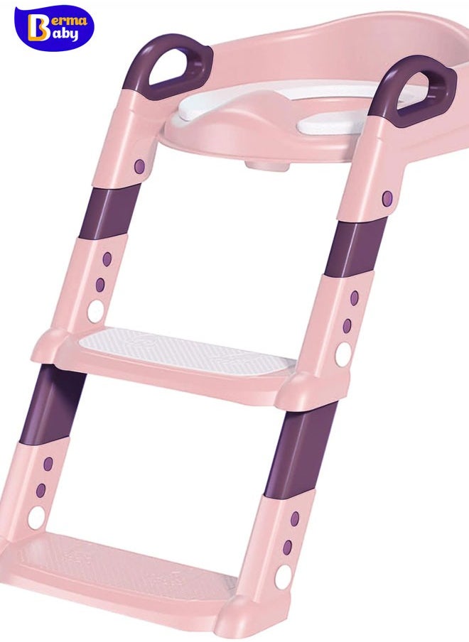 Berma Baby Potty Training Seat with Step Stool Ladder, Kids Toilet Training Seat with Step Stool Potty Training Toilet for Kids Boys Girls,Comfortable Safe Potty Seat with Anti-Slip Pads Folding Ladder(Pink)  - Image 2