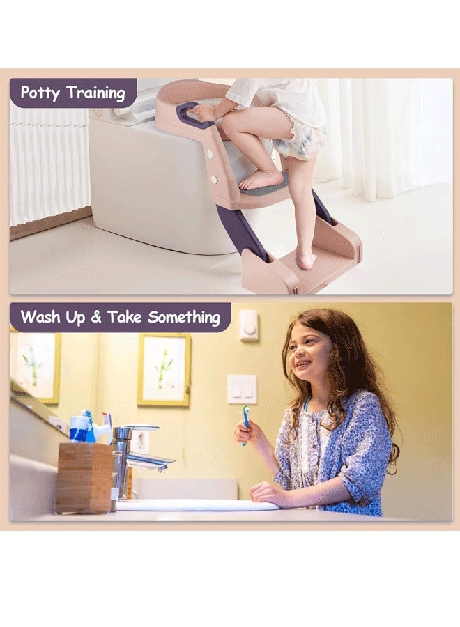 Berma Baby كرسي تدريب على استخدام المرحاض 3 في 1 للأطفال الصغار مع سلم وحوض للأولاد والبنات، مقعد تدريب قابل للتعديل للأطفال على استخدام المرحاض مع خطوات عريضة مضادة للانزلاق ومقابض أمان (وردي) - Image 4