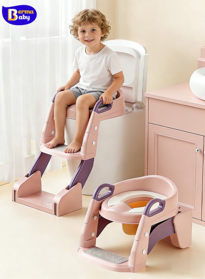 Berma Baby كرسي تدريب على استخدام المرحاض 3 في 1 للأطفال الصغار مع سلم وحوض للأولاد والبنات، مقعد تدريب قابل للتعديل للأطفال على استخدام المرحاض مع خطوات عريضة مضادة للانزلاق ومقابض أمان (وردي) - Image 1