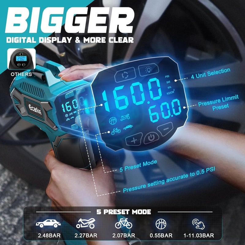 Ecarke Portable Battery Car Compressor for Makita 18V Li-Ion Battery, Max 11 Bar with Digital Pressure Gauge - Image 3