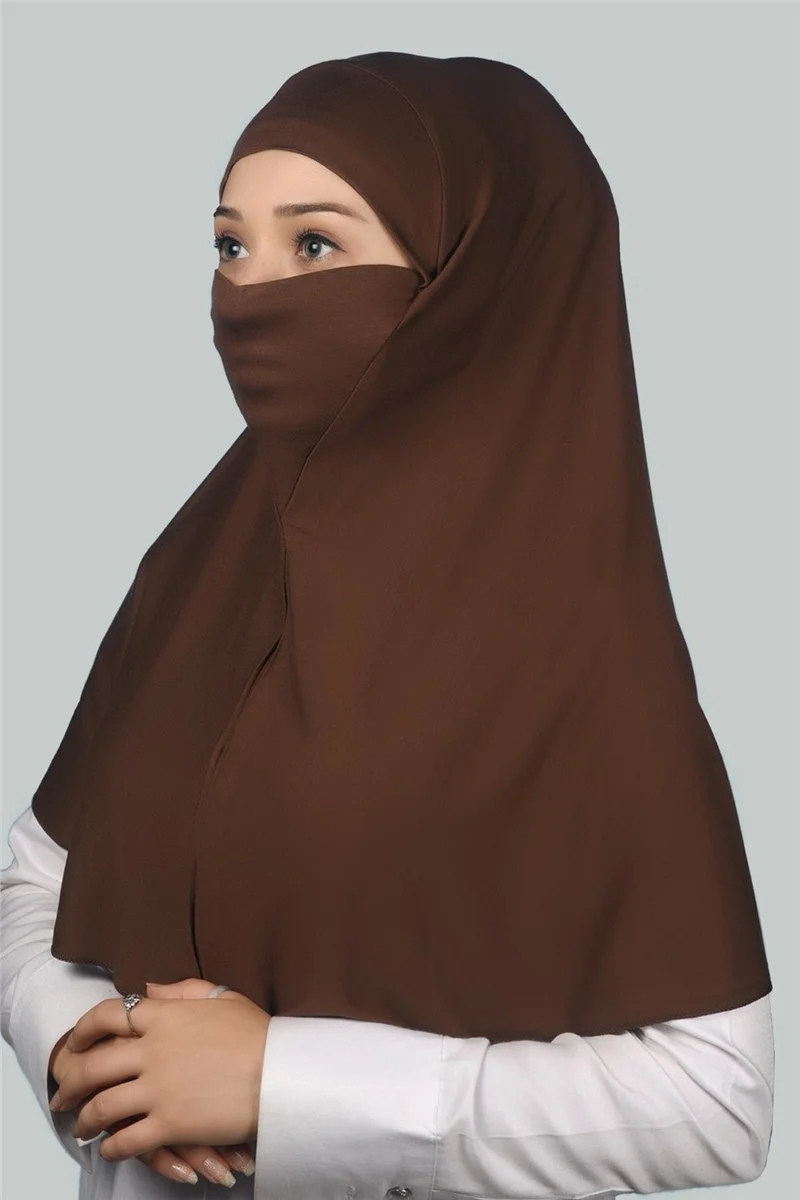 التوبة Ready-made Turban Practical Scarf with Veil Hijab with Nikap - Prayer Cover Soufflé (Xl) - Chocolate