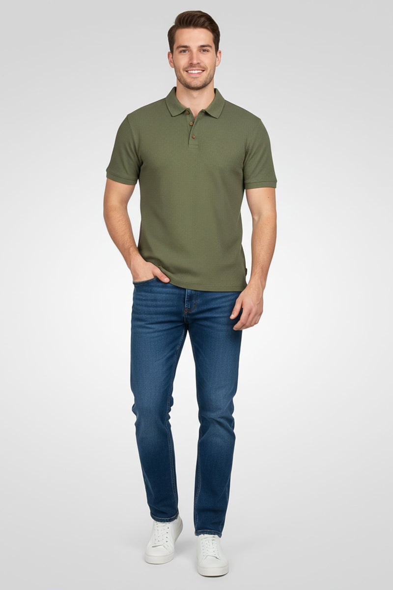 Rainforest Men Regular Fit Textured Short Sleeve Polo Shirt, Olive - Image 1