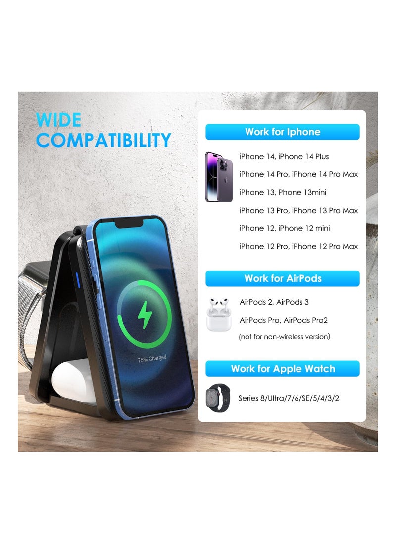 3 in 1Mag-Safe Charger Stand for Apple, Foldable Charging Stand Wireless Mag-Safe Dock Wireless Charger Pad for Multiple Devices for iPhone 15/14/13/12/Apple Watch/AirPods/(Adapter not Included)