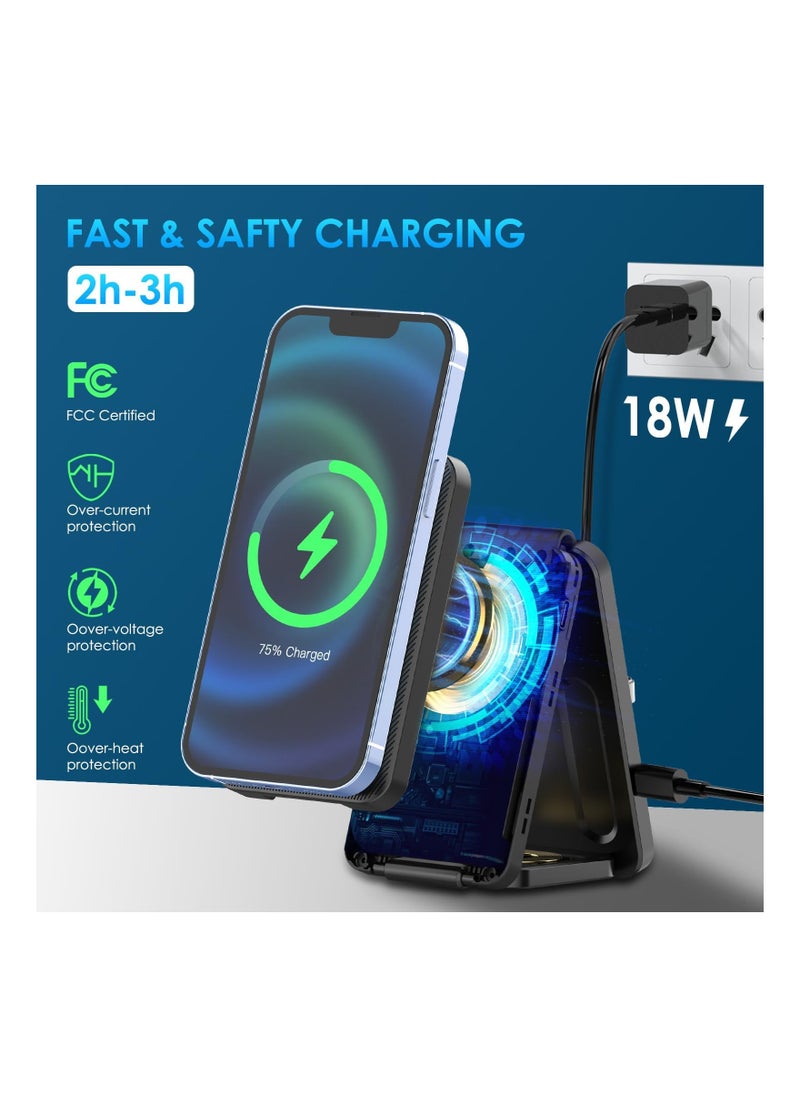 3 in 1Mag-Safe Charger Stand for Apple, Foldable Charging Stand Wireless Mag-Safe Dock Wireless Charger Pad for Multiple Devices for iPhone 15/14/13/12/Apple Watch/AirPods/(Adapter not Included)