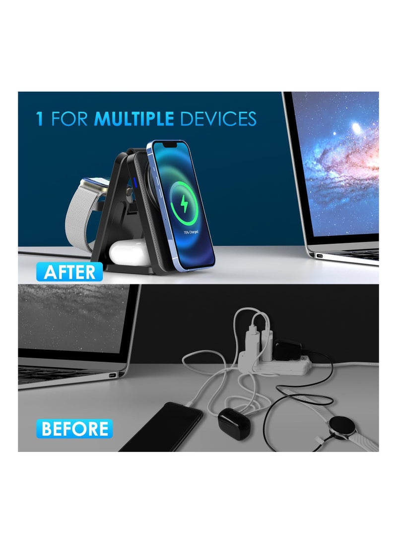 3 in 1Mag-Safe Charger Stand for Apple, Foldable Charging Stand Wireless Mag-Safe Dock Wireless Charger Pad for Multiple Devices for iPhone 15/14/13/12/Apple Watch/AirPods/(Adapter not Included)