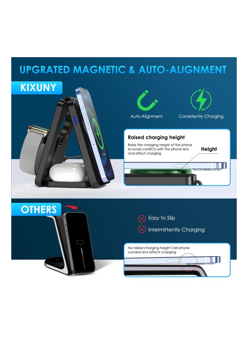 3 in 1Mag-Safe Charger Stand for Apple, Foldable Charging Stand Wireless Mag-Safe Dock Wireless Charger Pad for Multiple Devices for iPhone 15/14/13/12/Apple Watch/AirPods/(Adapter not Included)