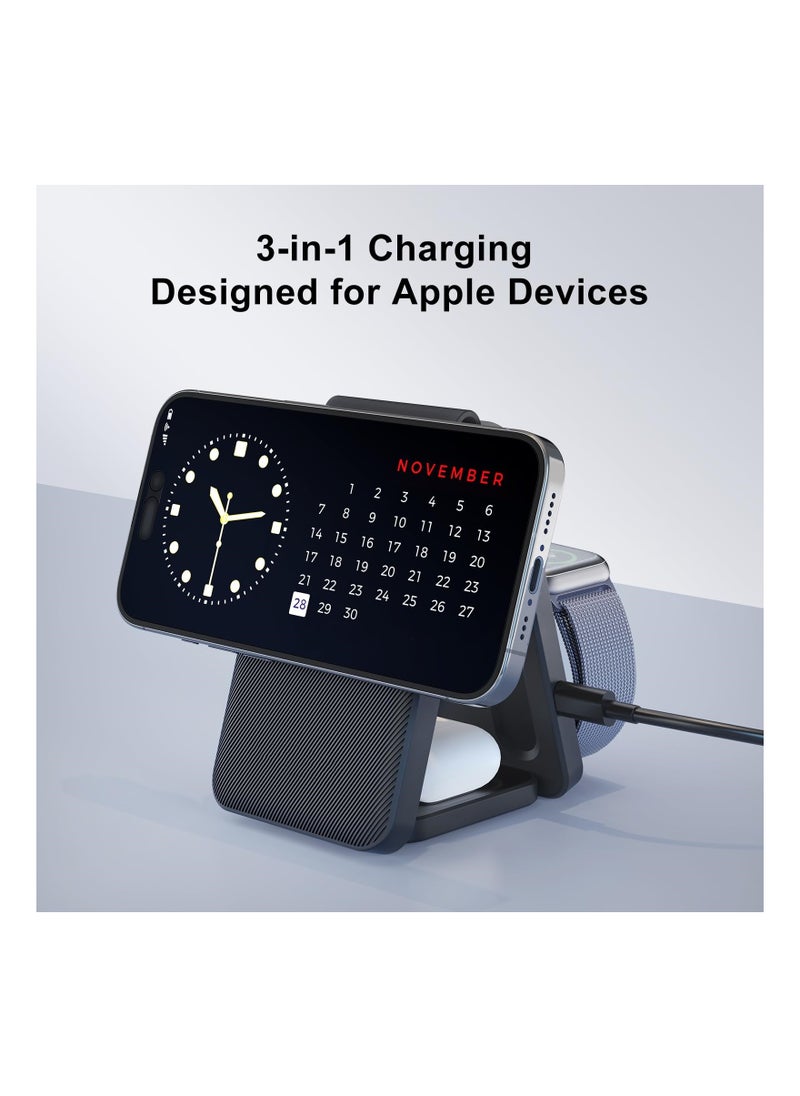 3 in 1Mag-Safe Charger Stand for Apple, Foldable Charging Stand Wireless Mag-Safe Dock Wireless Charger Pad for Multiple Devices for iPhone 15/14/13/12/Apple Watch/AirPods/(Adapter not Included)