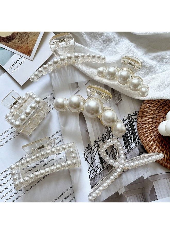 Sisiaipu - 6 Pcs Large Pearl Claw Clips Pearl Clips Hair Claw Clips For Thick Hair White Hair Clips For Wedding Nonslip Jaw Clips Hair Styling Gift Hair Accessories For Women And Girls - Image 1