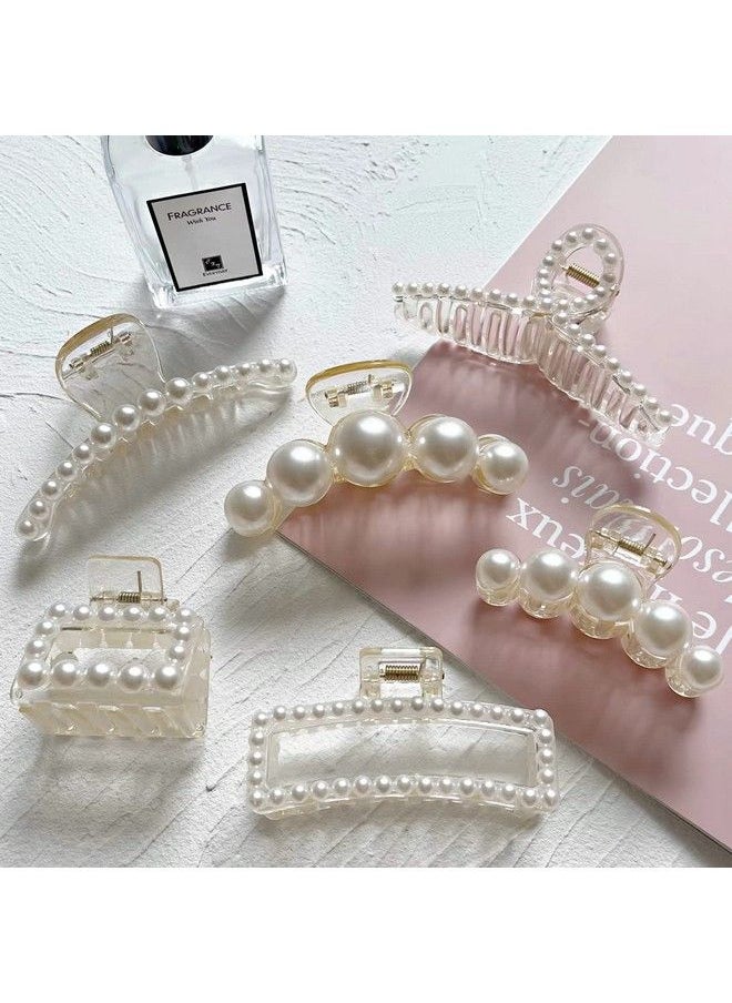 Sisiaipu - 6 Pcs Large Pearl Claw Clips Pearl Clips Hair Claw Clips For Thick Hair White Hair Clips For Wedding Nonslip Jaw Clips Hair Styling Gift Hair Accessories For Women And Girls - Image 1