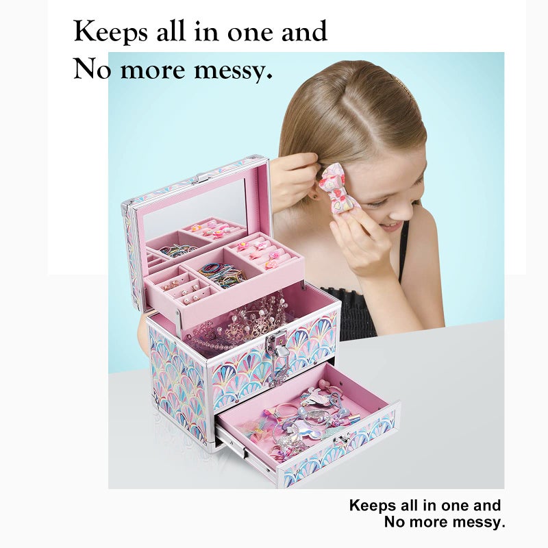 Hododou Girls Jewelry Box Organizer with Drawer & Mirror, Mermaid Tail Style Lockable Storage Case for Kid or Little Girls Jewelry and Hair Accessories - Image 2