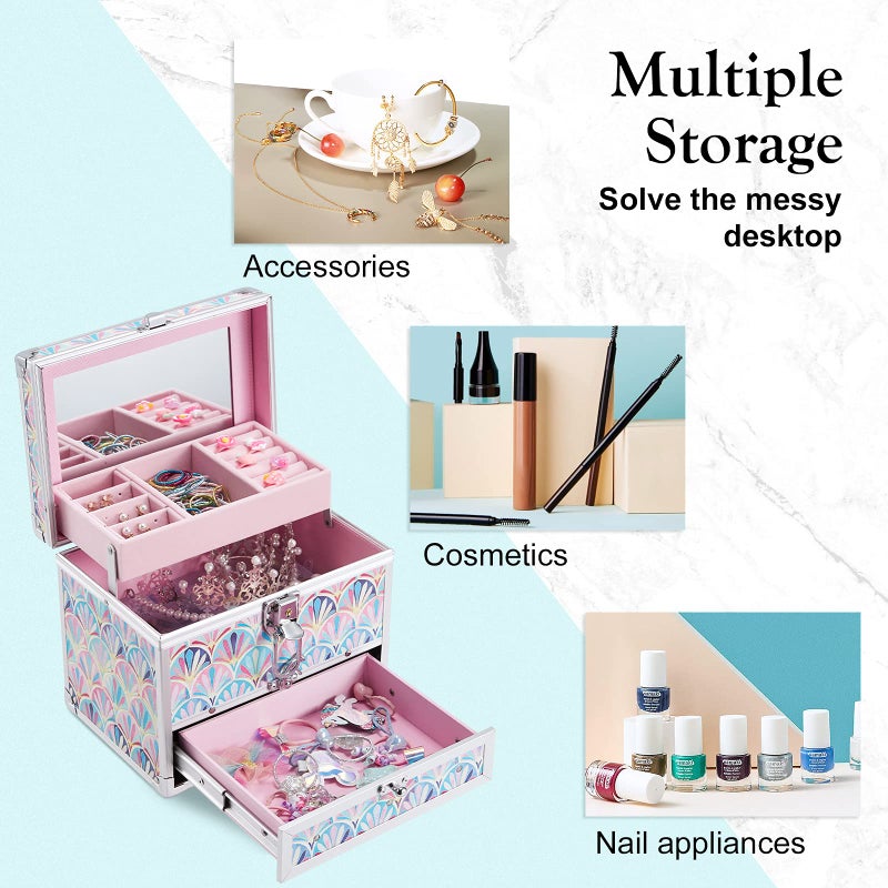 Hododou Girls Jewelry Box Organizer with Drawer & Mirror, Mermaid Tail Style Lockable Storage Case for Kid or Little Girls Jewelry and Hair Accessories - Image 5
