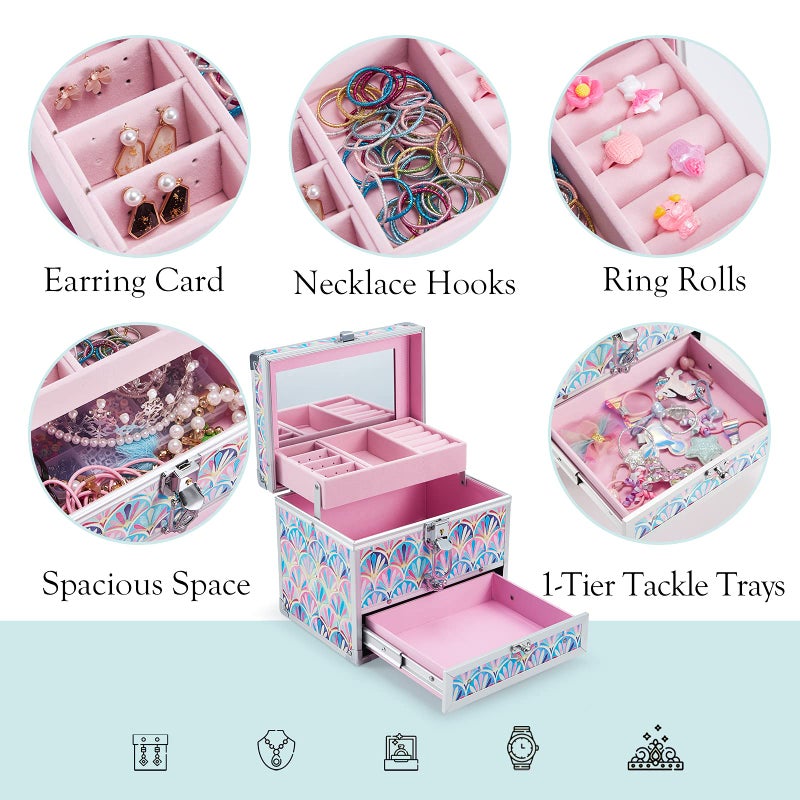 Hododou Girls Jewelry Box Organizer with Drawer & Mirror, Mermaid Tail Style Lockable Storage Case for Kid or Little Girls Jewelry and Hair Accessories - Image 3