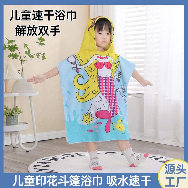 Children'S Bath Towel Cape Cute Cartoon Print Soft Thickened Water-Absorbent Quick-Drying Wearable Microfiber Beach Towel - Image 2