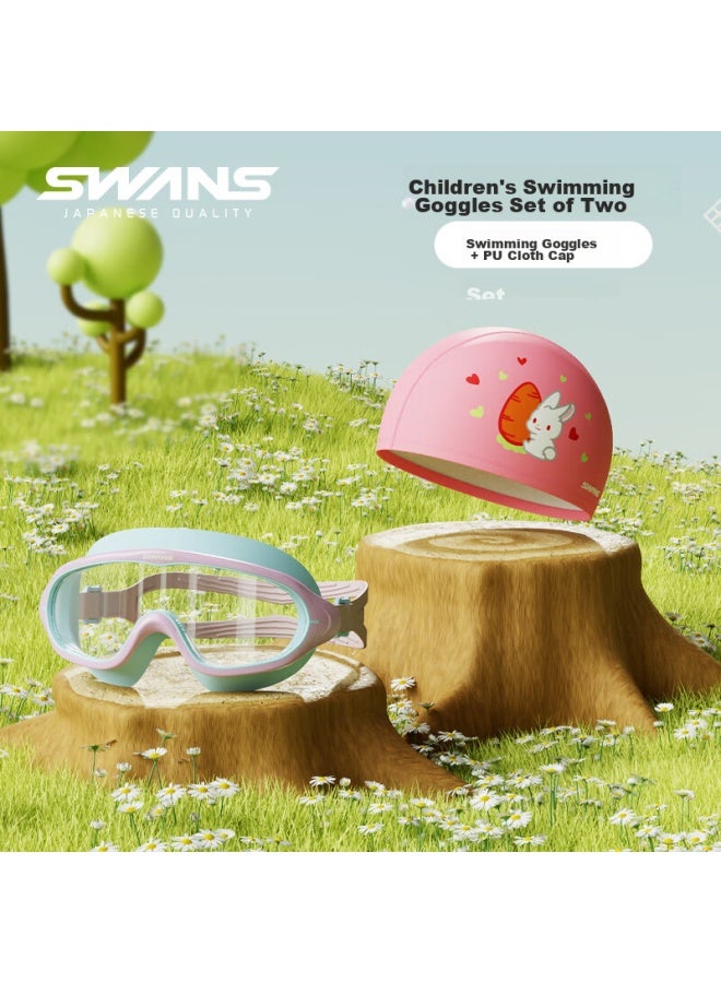 Swans Children's Swimming Goggles For Boys And Girls, Anti-fog Waterproof High-definition Clear Large Frame Swim Goggles And Swim Cap Two-piece Set, Little Rabbit - Image 1