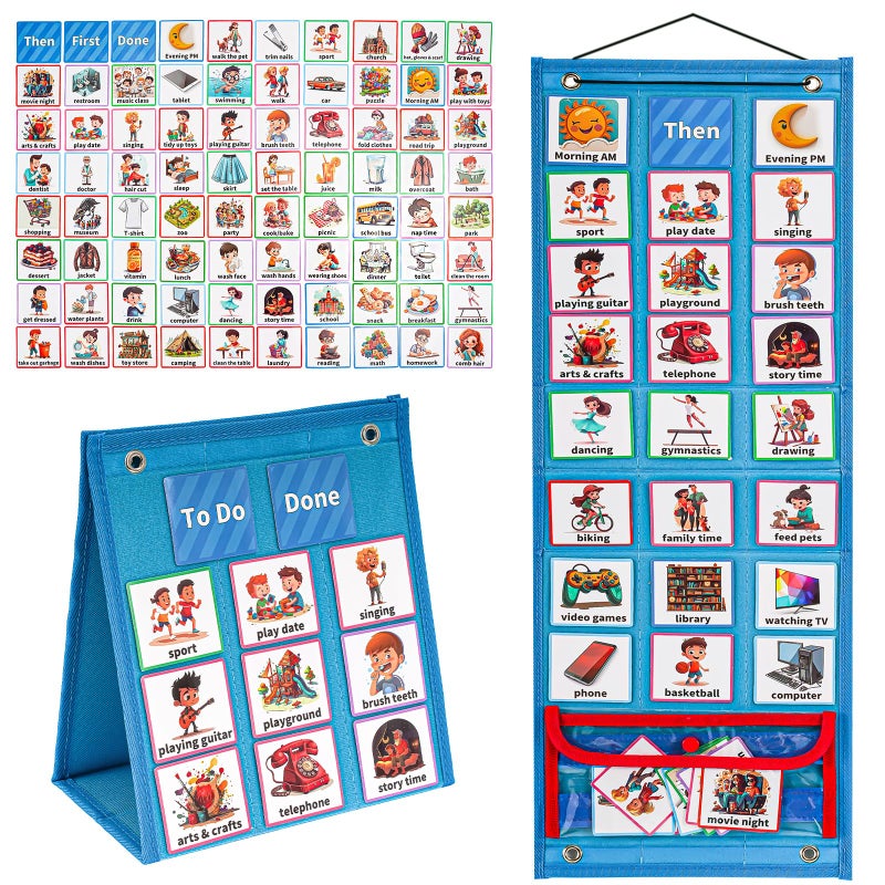 ProCase Visual Schedule for Kids, Daily Routine Core Chart Calender Morning Bedtime Communication Cards Learning Material Wall Planner Behavioral Tool for Kid Toddler Home School -Blue - Image 1