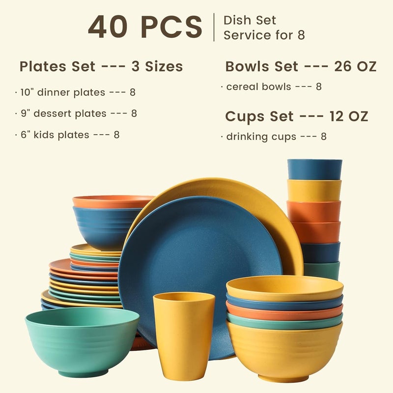 Homienly 40-Piece Premium Wheat Straw Dinnerware Sets, Service for 8, Unbreakable Plates and Bowls Set - Cups Sets, Dinner Plates, Bowls for Kitchen,Dishwasher and Microwave Safe Dishes Set - Multi - Image 2