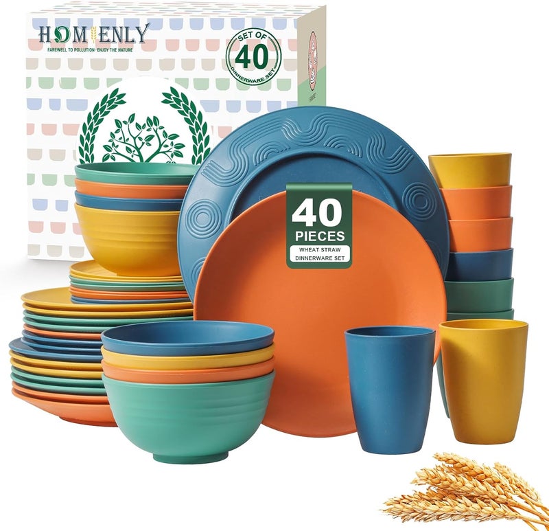 Homienly 40-Piece Premium Wheat Straw Dinnerware Sets, Service for 8, Unbreakable Plates and Bowls Set - Cups Sets, Dinner Plates, Bowls for Kitchen,Dishwasher and Microwave Safe Dishes Set - Multi - Image 1