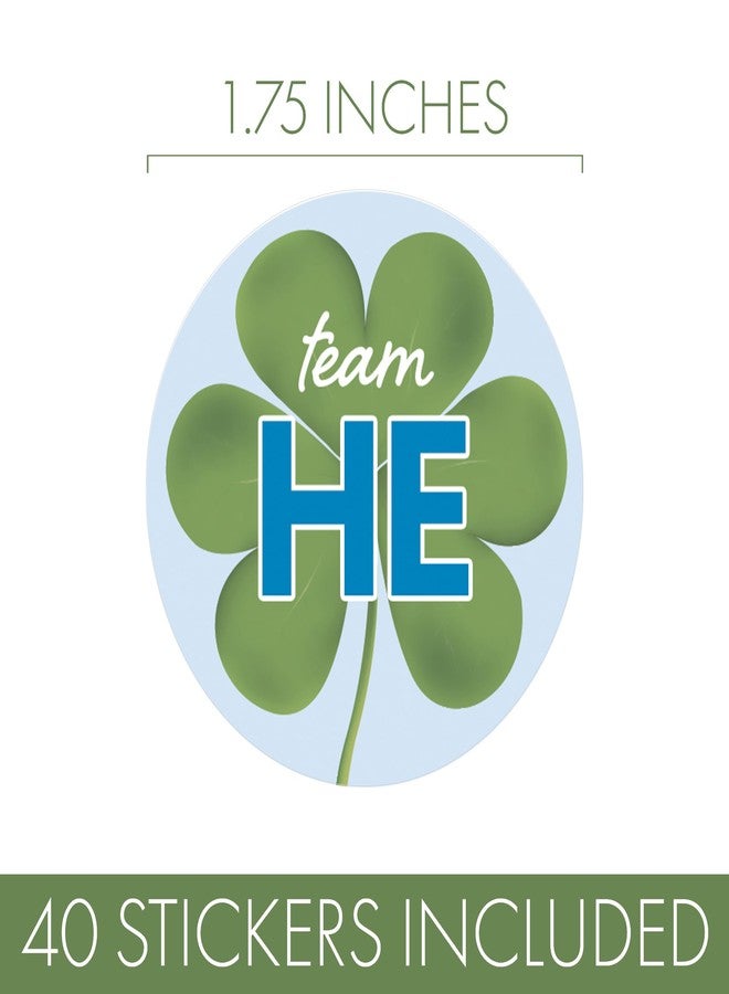 DISTINCTIVS St. Patrick's Day Gender Reveal Party - Team He or Team She Shamrock Stickers - What Will Our Lucky Charm Be - 40 Count - 1.75" Round Labels - Image 3