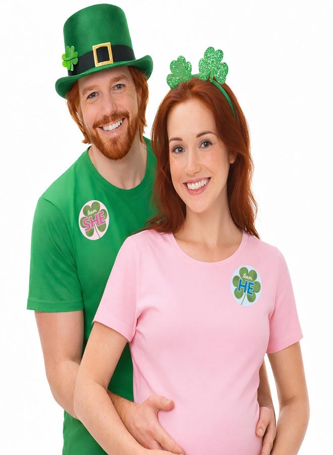 DISTINCTIVS St. Patrick's Day Gender Reveal Party - Team He or Team She Shamrock Stickers - What Will Our Lucky Charm Be - 40 Count - 1.75" Round Labels - Image 2