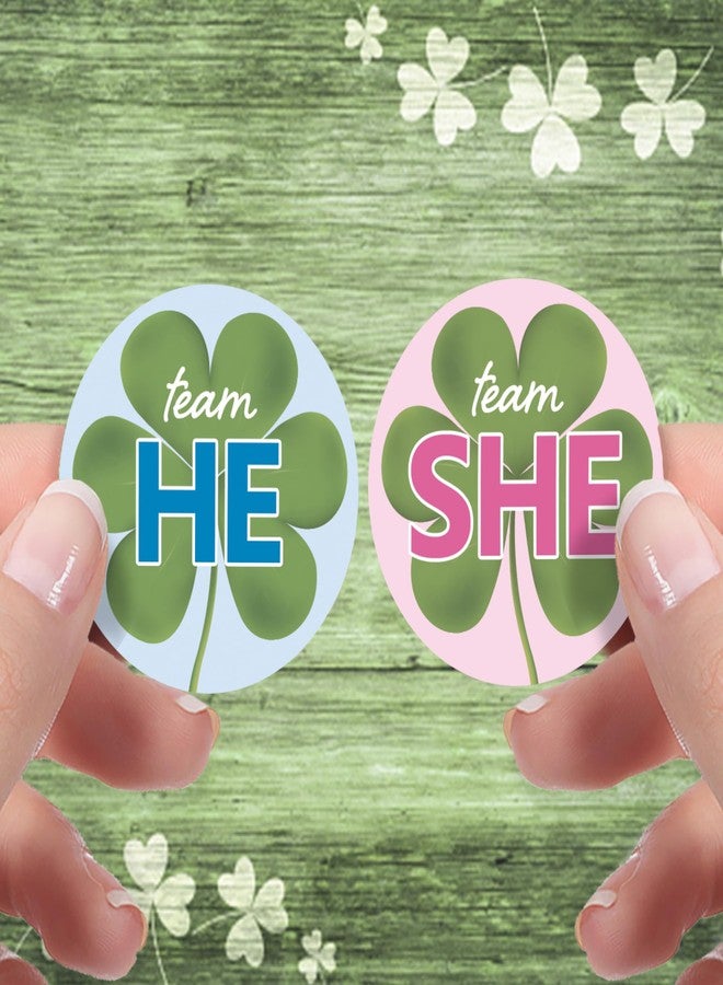 DISTINCTIVS St. Patrick's Day Gender Reveal Party - Team He or Team She Shamrock Stickers - What Will Our Lucky Charm Be - 40 Count - 1.75" Round Labels - Image 4