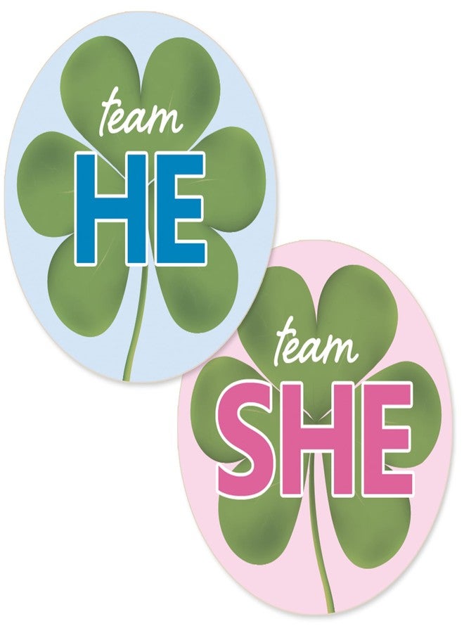 DISTINCTIVS St. Patrick's Day Gender Reveal Party - Team He or Team She Shamrock Stickers - What Will Our Lucky Charm Be - 40 Count - 1.75" Round Labels - Image 1